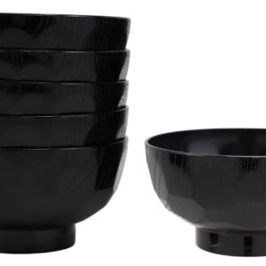 Ebros Gift Japanese Contemporary Black Lacquer Ridged Bowls For Rice Miso Appetizer Soup 4.5" Diameter Made In Japan Decorative Bowl Set of 6 Lacquered Serveware For Restaurants Home Kitchen Gifts