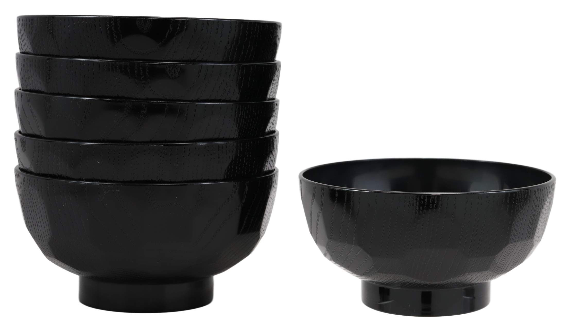 Ebros Gift Japanese Contemporary Black Lacquer Ridged Bowls For Rice Miso Appetizer Soup 4.5" Diameter Made In Japan Decorative Bowl Set of 6 Lacquered Serveware For Restaurants Home Kitchen Gifts