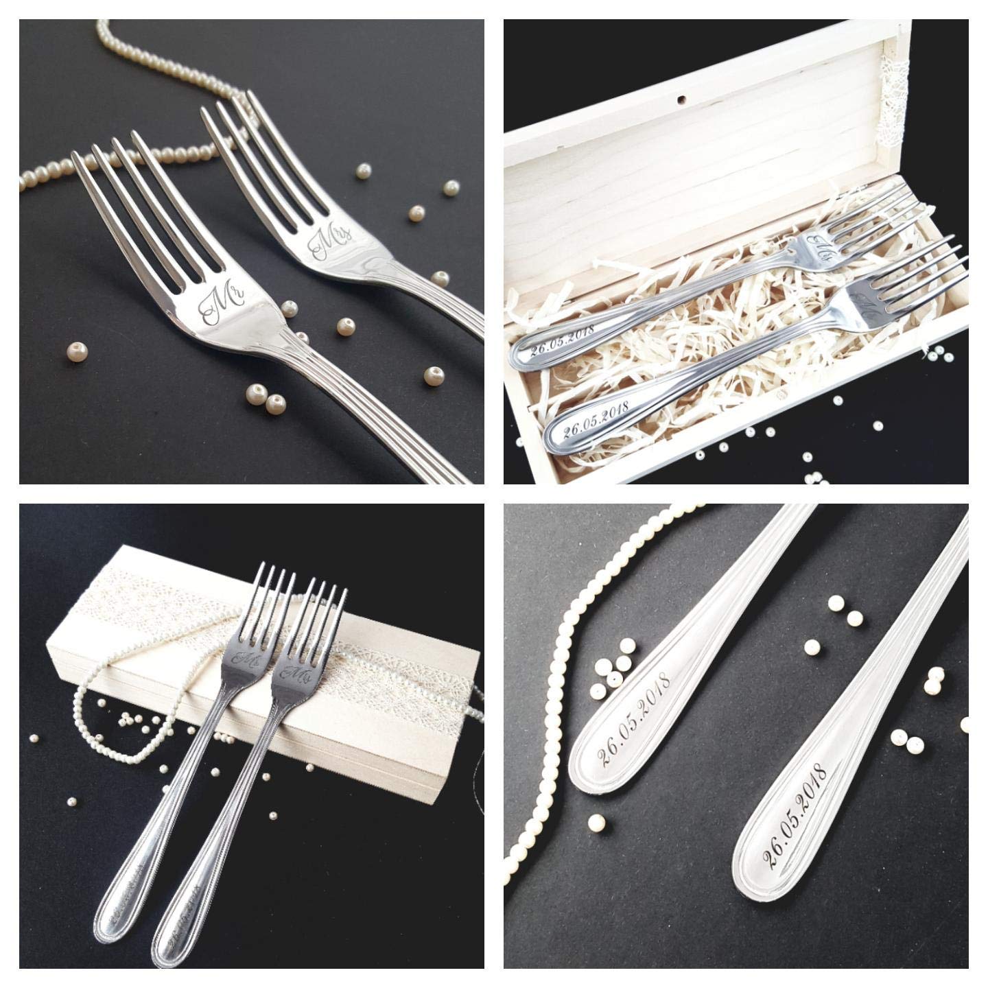 Personalized Reusable Silverware Sets for Bride and Groom, Engraved Mr and Mrs Forks for Wedding Cake Ceremony, Engagement Bridal Shower Anniversary Birthday Congratulations Gifts