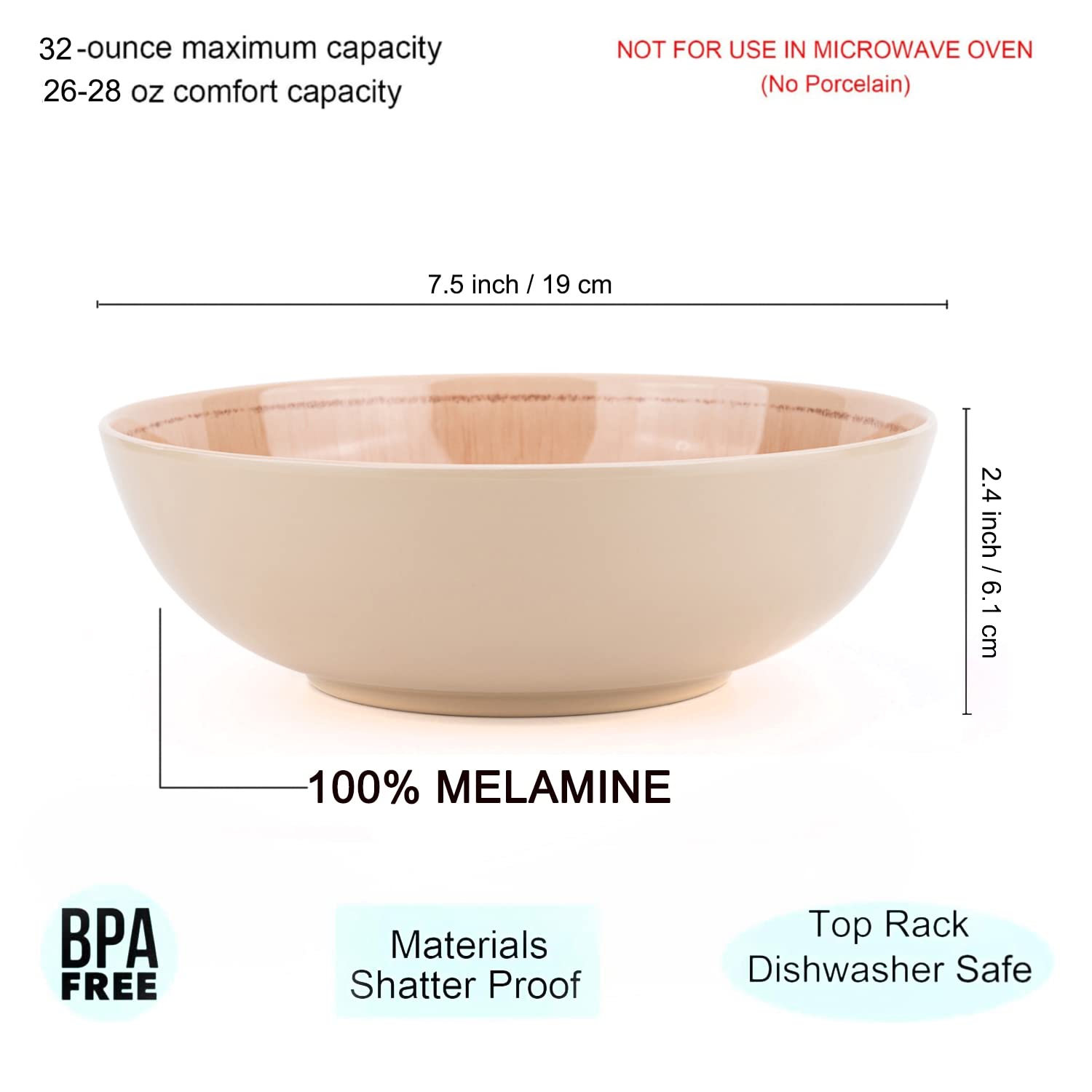 KX-WARE 6-piece Melamine Bowl Set, 100% Melamine 7.5-inch Bowl Reactive Taupe | Indoors and Outdoors, Camper, Break-resistant, RV Use