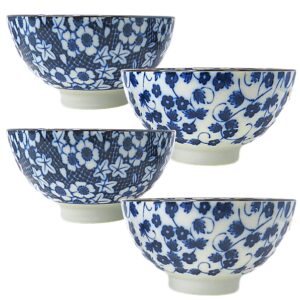 four piece ceramic donburi bowl set, miso soup bowls with blue and white floral designs, kitchenware housewarming and wedding shower gifts, 4.75 inches