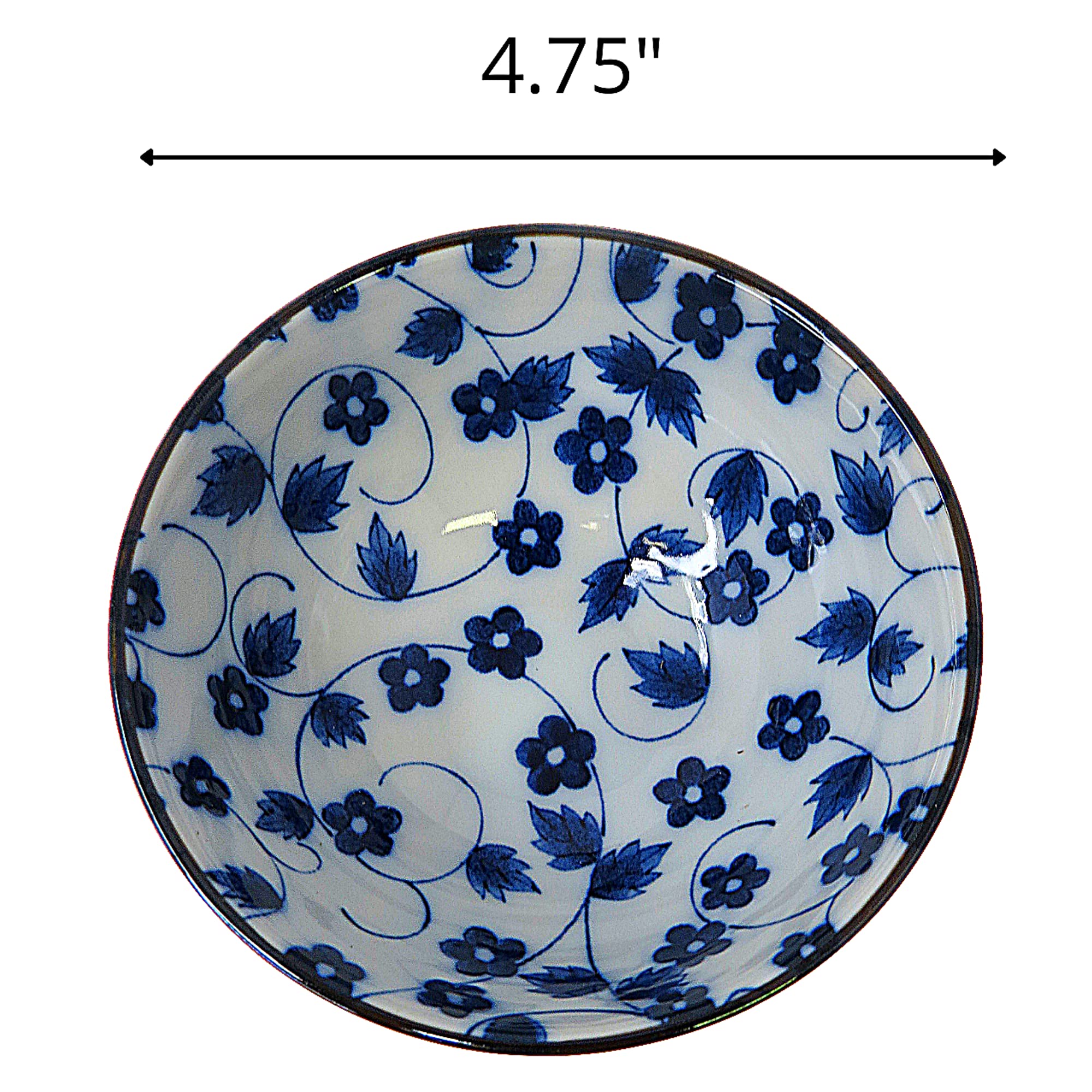 Four Piece Ceramic Donburi Bowl Set, Miso Soup Bowls with Blue and White Floral Designs, Kitchenware Housewarming and Wedding Shower Gifts, 4.75 Inches