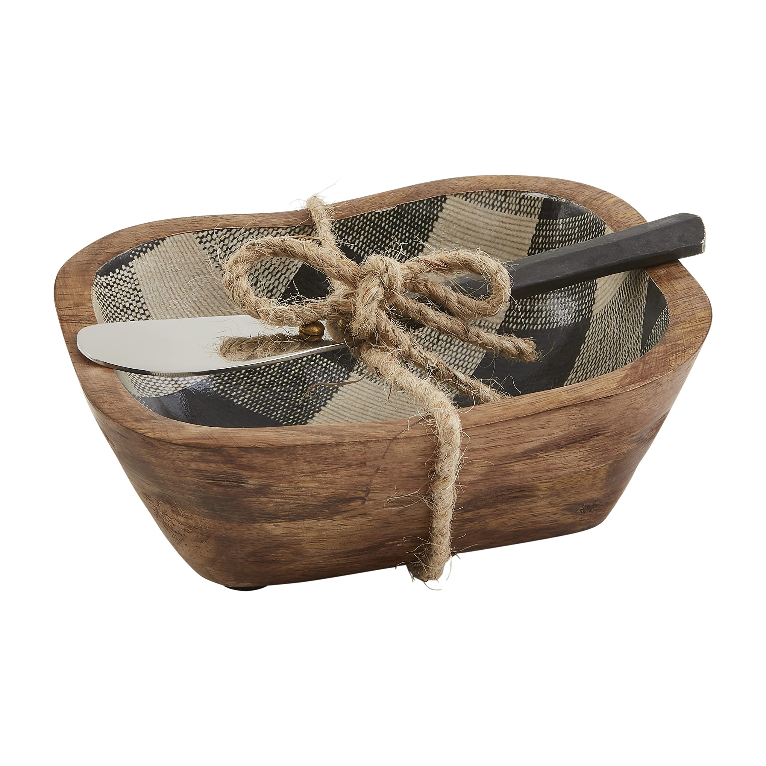 Mud Pie Check Enamel Dip Bowl and Spreader Set, Cream, 4" x 6"