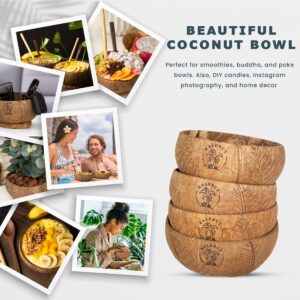 Halonut's Coconut Bowls- Acacia Wooden Spoons, Bamboo Straw Cleaner, Coconut Husk Rope Stand, Cotton Pouch Buddha Acai Smoothie Vegan Bowl Handmade By Artisan Natural Unique Eco Friendly Gift Set of 2