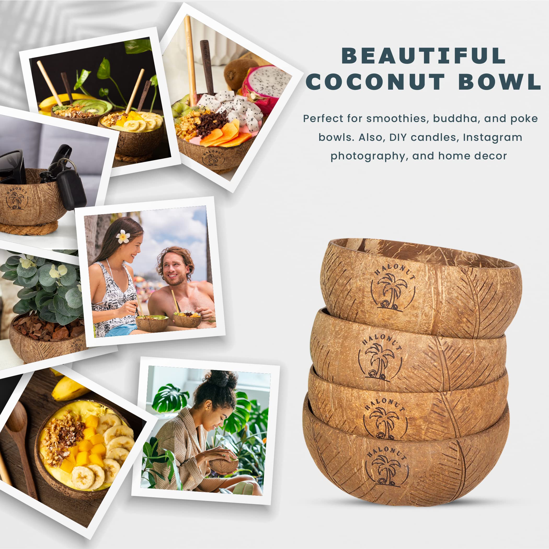 Halonut's Coconut Bowls- Acacia Wooden Spoons, Bamboo Straw Cleaner, Coconut Husk Rope Stand, Cotton Pouch Buddha Acai Smoothie Vegan Bowl Handmade By Artisan Natural Unique Eco Friendly Gift Set of 2