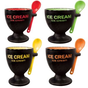 rockin gear bowl and spoon set of 4 - novelty small ice cream cups combo ceramic fun dessert cups & kitchenware for home and kitchen decor