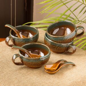 exclusivelane 'amber & teal' soup cups with spoons & handle | set of 4, 300ml | handpainted ceramic bowl for kitchen | for cereal soup rice salad oatmeal | dishwasher & microwave safe | ideal gift