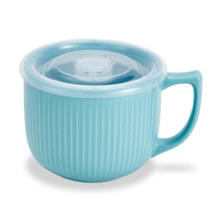 hoilse ceramic soup bowl with handle and vented lid, 32oz large deep soup mug with lid, travel cereal bowl for ramen and instant noodle microwave safe, dishwasher safe(blue)