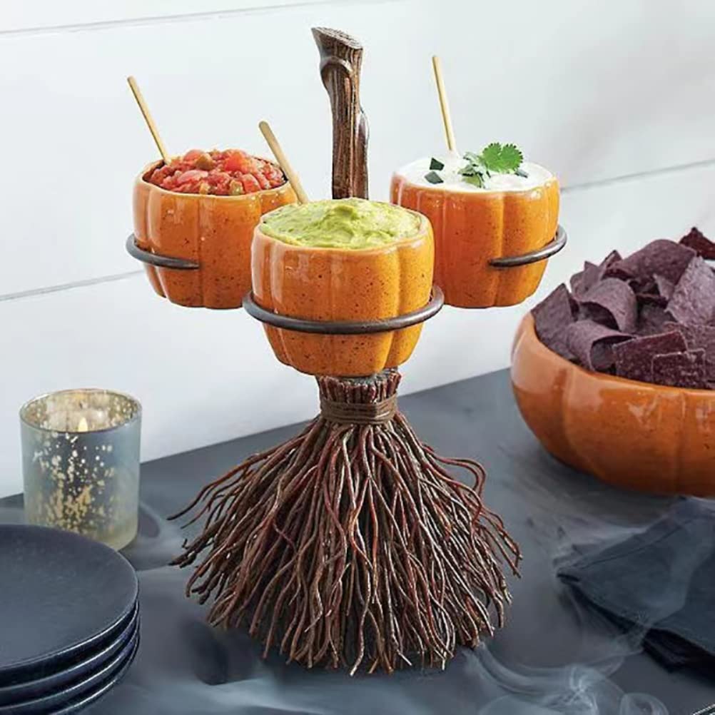 KLEOAD Halloween Resin Broom Pumpkin Cupcake Stand Halloween Broomstick Snack Bowl Stand Wooden, Halloween Decorations Pumpkin Cupcake Tray Holiday Festival Wedding Party Supplies