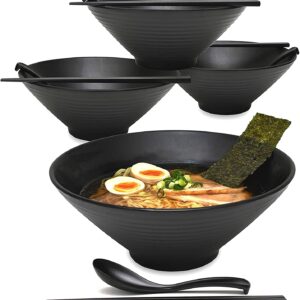 BESTonZON Japanese Style Ramen Bowls, Soup Bowl Melamine Hard Plastic Dishware Ramen Bowl Set with Matching Spoon and Chopsticks for Pho Udon Asian Dishes (4, Black, 9 inches)