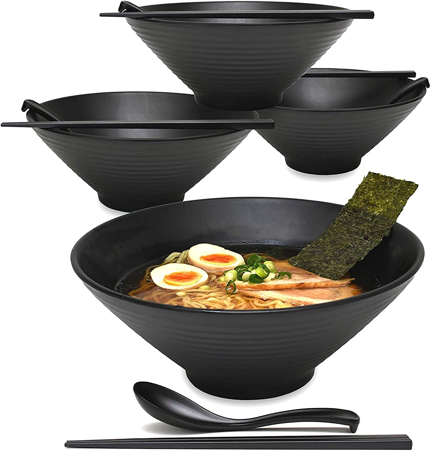 BESTonZON Japanese Style Ramen Bowls, Soup Bowl Melamine Hard Plastic Dishware Ramen Bowl Set with Matching Spoon and Chopsticks for Pho Udon Asian Dishes (4, Black, 9 inches)