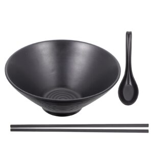 BESTonZON Japanese Style Ramen Bowls, Soup Bowl Melamine Hard Plastic Dishware Ramen Bowl Set with Matching Spoon and Chopsticks for Pho Udon Asian Dishes (4, Black, 9 inches)