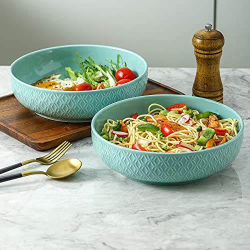 DUS Pasta Salad Soup Bowls set,8 Inches Ceramic Pasta Bowl with Embossment (Pala blue turquoise, pattern' style)