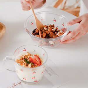 LUOZZY Glass Salad Bowl Cherry Pattern Mixing Bowl Fruit Bowl Dessert Display Bowl Soup Bowl Serving Dish for Home Kitchen