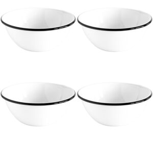 crow canyon enamelware round salad soup serving bowl, classic tableware - set of 4 - white body with black rim, 8.5 inches