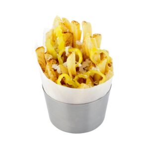 restaurantware met lux 3.1 x 2 inch french fry cup 1 short french fry holder - satin finish durable stainless steel fry cup for serving chips onion rings tater tots or vegetables