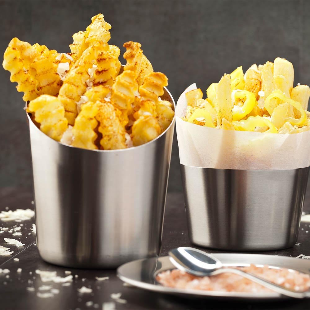 Restaurantware Met Lux 3.1 x 2 Inch French Fry Cup 1 Short French Fry Holder - Satin Finish Durable Stainless Steel Fry Cup For Serving Chips Onion Rings Tater Tots or Vegetables