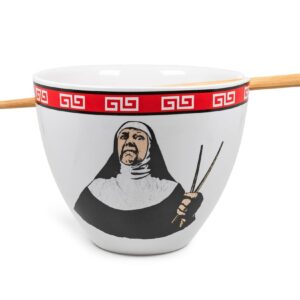 Boom Trendz Bowl Bop Ramen Sister Nun Japanese Ceramic Dinnerware Set | Includes 16-Ounce Noodle and Wooden Chopsticks Asian Food Dish For Home & Kitchen Funny Religious Gift, Snack Collectible, Red