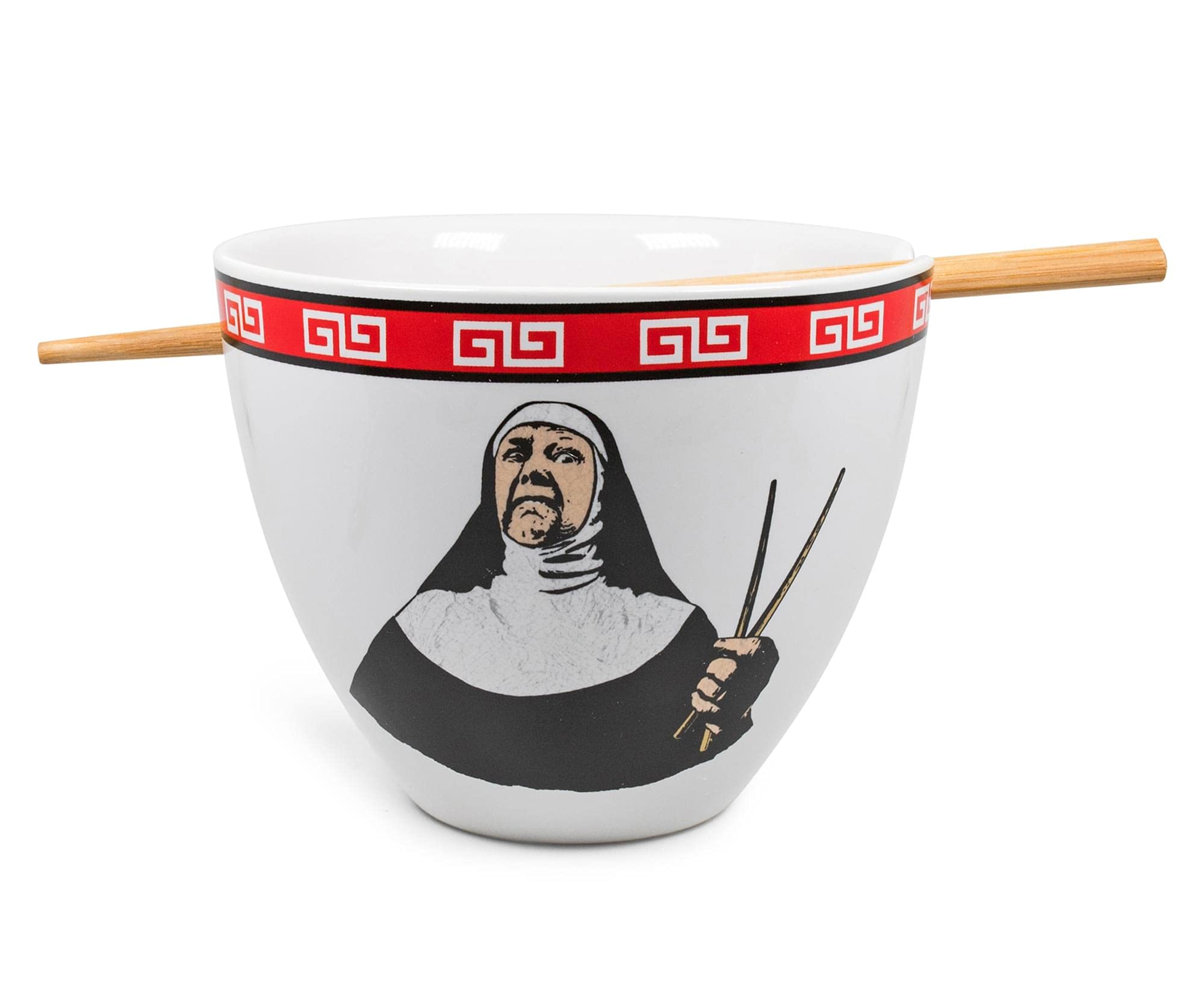 Boom Trendz Bowl Bop Ramen Sister Nun Japanese Ceramic Dinnerware Set | Includes 16-Ounce Noodle and Wooden Chopsticks Asian Food Dish For Home & Kitchen Funny Religious Gift, Snack Collectible, Red