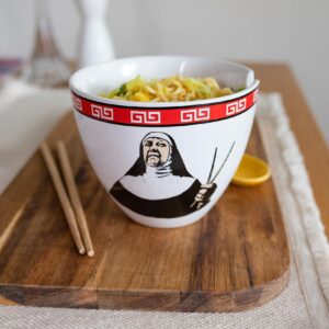 Boom Trendz Bowl Bop Ramen Sister Nun Japanese Ceramic Dinnerware Set | Includes 16-Ounce Noodle and Wooden Chopsticks Asian Food Dish For Home & Kitchen Funny Religious Gift, Snack Collectible, Red