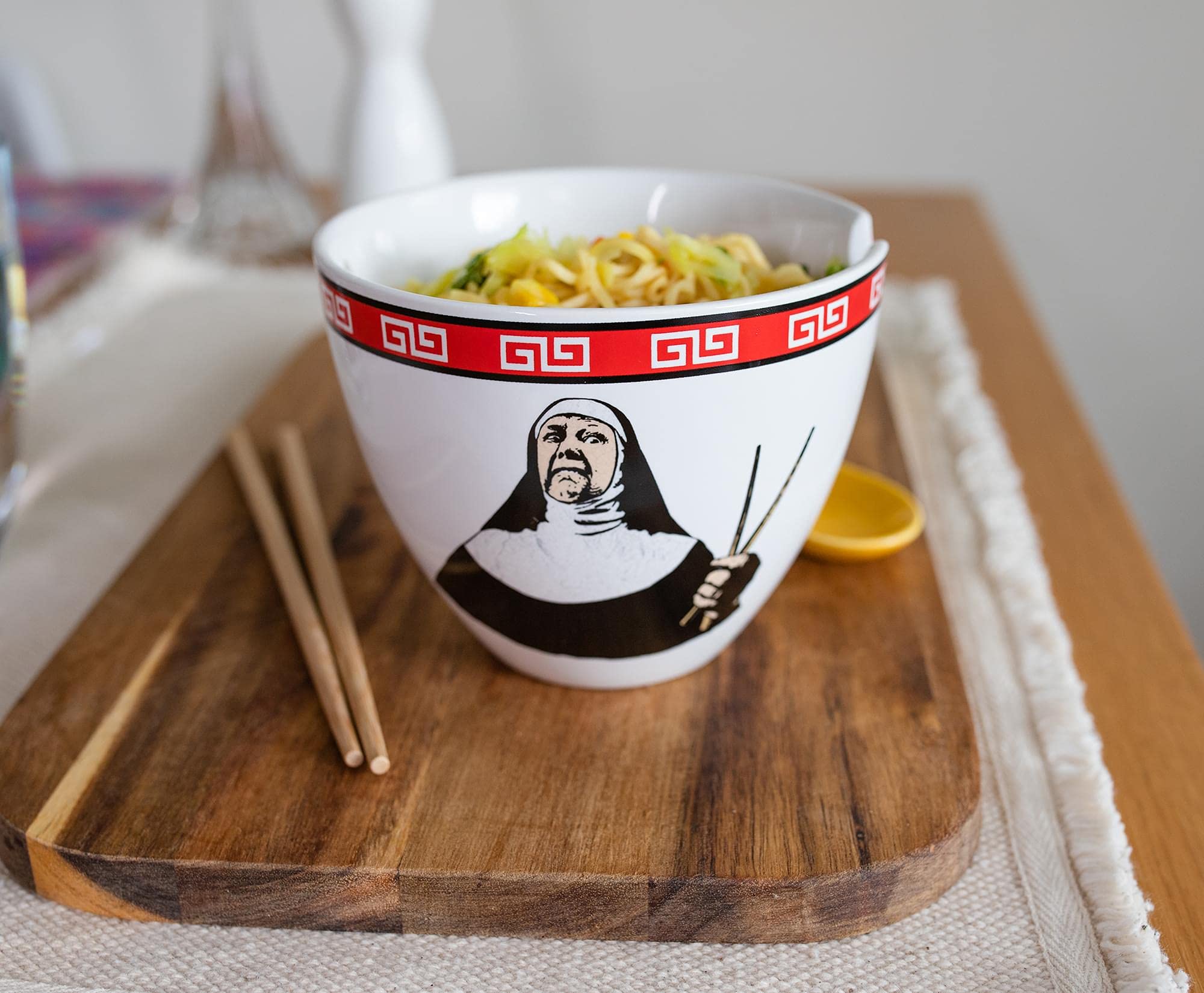 Boom Trendz Bowl Bop Ramen Sister Nun Japanese Ceramic Dinnerware Set | Includes 16-Ounce Noodle and Wooden Chopsticks Asian Food Dish For Home & Kitchen Funny Religious Gift, Snack Collectible, Red