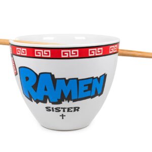 Boom Trendz Bowl Bop Ramen Sister Nun Japanese Ceramic Dinnerware Set | Includes 16-Ounce Noodle and Wooden Chopsticks Asian Food Dish For Home & Kitchen Funny Religious Gift, Snack Collectible, Red