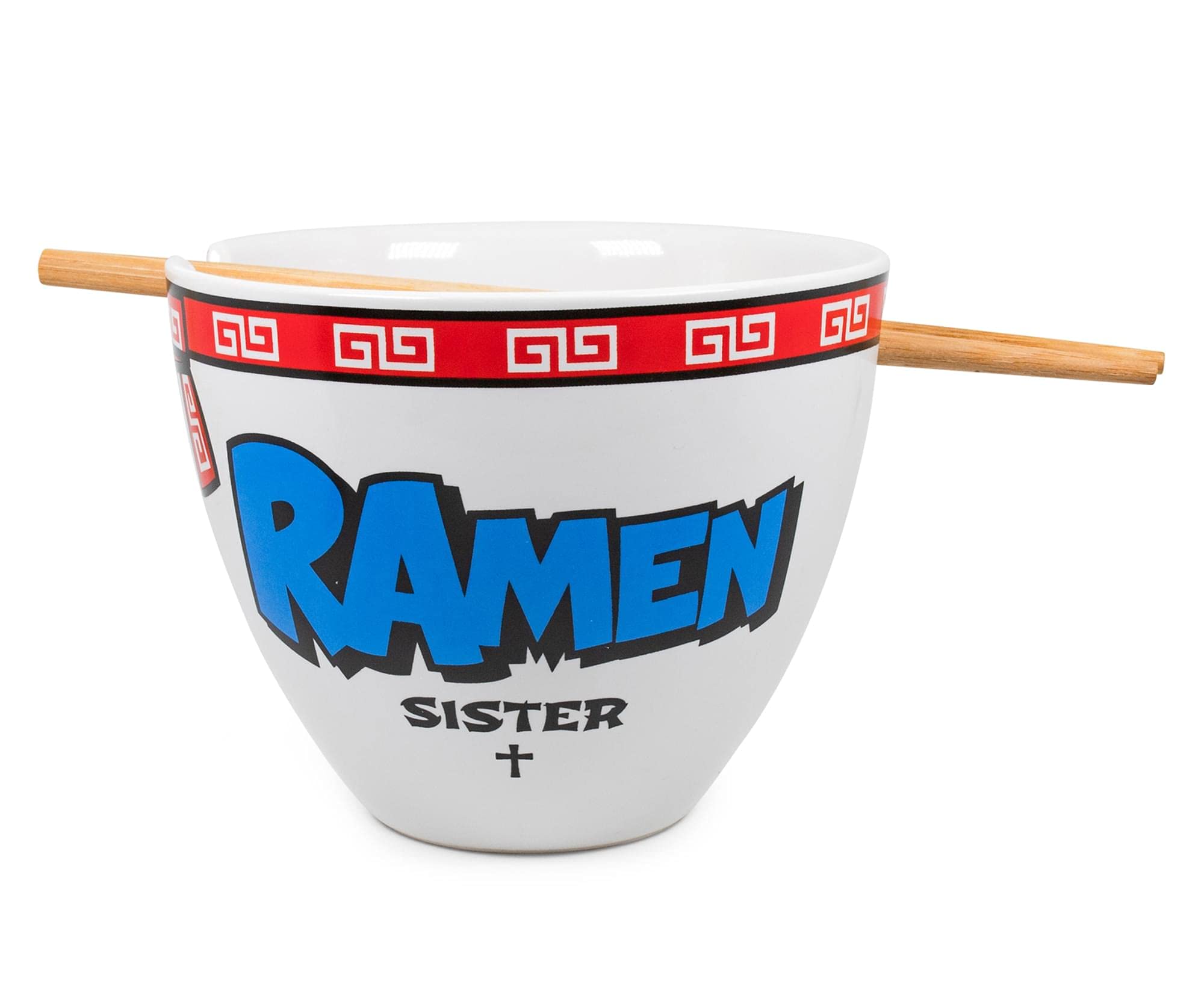 Boom Trendz Bowl Bop Ramen Sister Nun Japanese Ceramic Dinnerware Set | Includes 16-Ounce Noodle and Wooden Chopsticks Asian Food Dish For Home & Kitchen Funny Religious Gift, Snack Collectible, Red