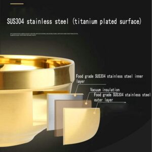 【XMJRL】304 food grade Insulated bowl Stainless steel bowl Thickened double layer Golden anti scald restaurant home children / adults (146.8cm)