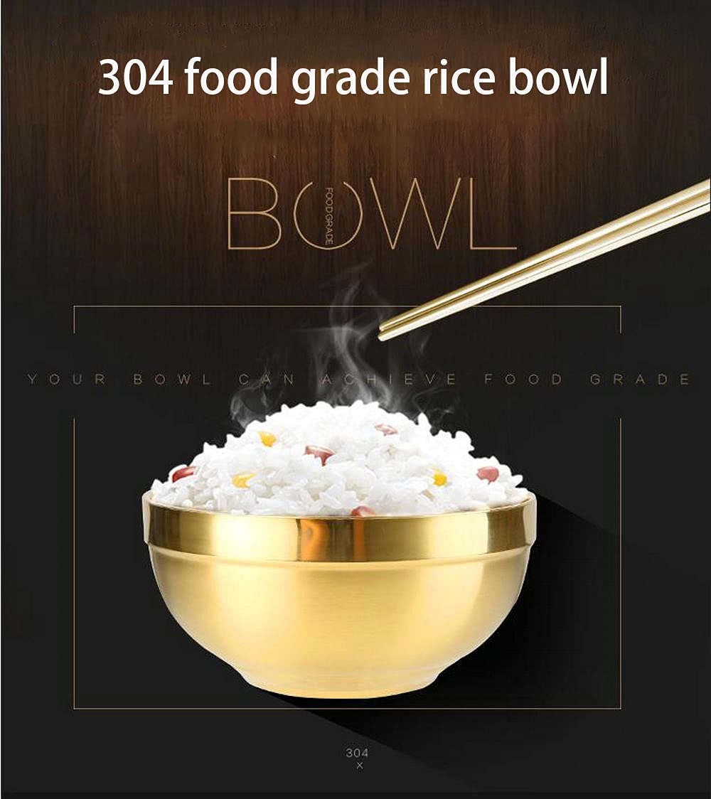 【XMJRL】304 food grade Insulated bowl Stainless steel bowl Thickened double layer Golden anti scald restaurant home children / adults (146.8cm)