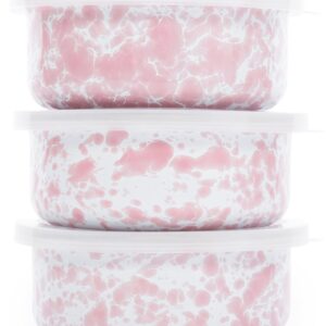 Crow Canyon Enamelware 3 Pc Set Small Storage Bowls with Lids Pink Marble