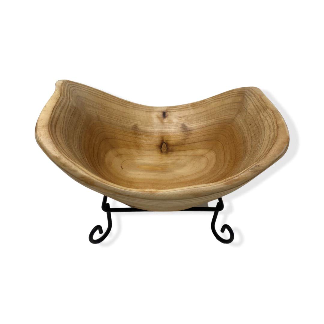 TJ Global Handmade Wood Bowl Rectangular shape Handcarved Natural Root Wood Crafts Bowl Fruit Salad Serving Bowls with Metal Stand - Small (L8 x W7 x H4)