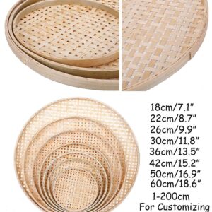 100% Handwoven Flat Wicker Round Fruit Basket Woven Food Storage Weaved Shallow Tray Organizer Holder Bowl Decorative Rack Display Kids DIY Drawing Board (Sqaure Hollow-Bamboo White, 50cm/19.7")