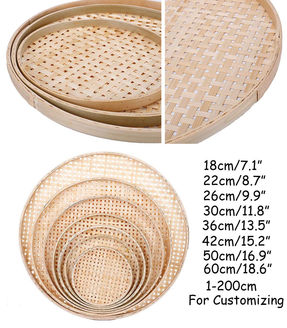 100% Handwoven Flat Wicker Round Fruit Basket Woven Food Storage Weaved Shallow Tray Organizer Holder Bowl Decorative Rack Display Kids DIY Drawing Board (Sqaure Hollow-Bamboo White, 50cm/19.7")