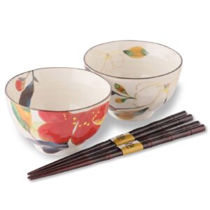 mino ware japanese rice bowls with chopsticks, set of 2, 200 ml, modern kitchen bowl for dessert, cereal, salad, soup, udon, noodles - made in japan