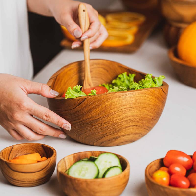 Rainforest Bowls Set of 2 Jumbo Concave Javanese Teak Wood Bowls- 8" Diameter- Perfect for Everyday Use, Hot & Cold Friendly, Ultra-Durable- Premium Custom Design Handcrafted by Indonesian Artisans