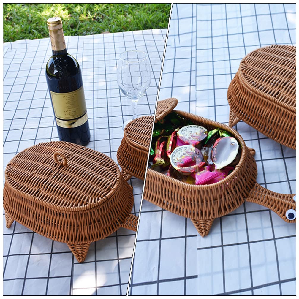 Cabilock Woven Rattan Basket with Lid Decorative Turtle Shaped Basket Fruit Nut Snack Storage Container for Kitchen Coffee Table