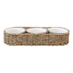 creative co-op hand-woven seagrass basket with 6 oz. ceramic bowls, set of 4 tray, natural, 4
