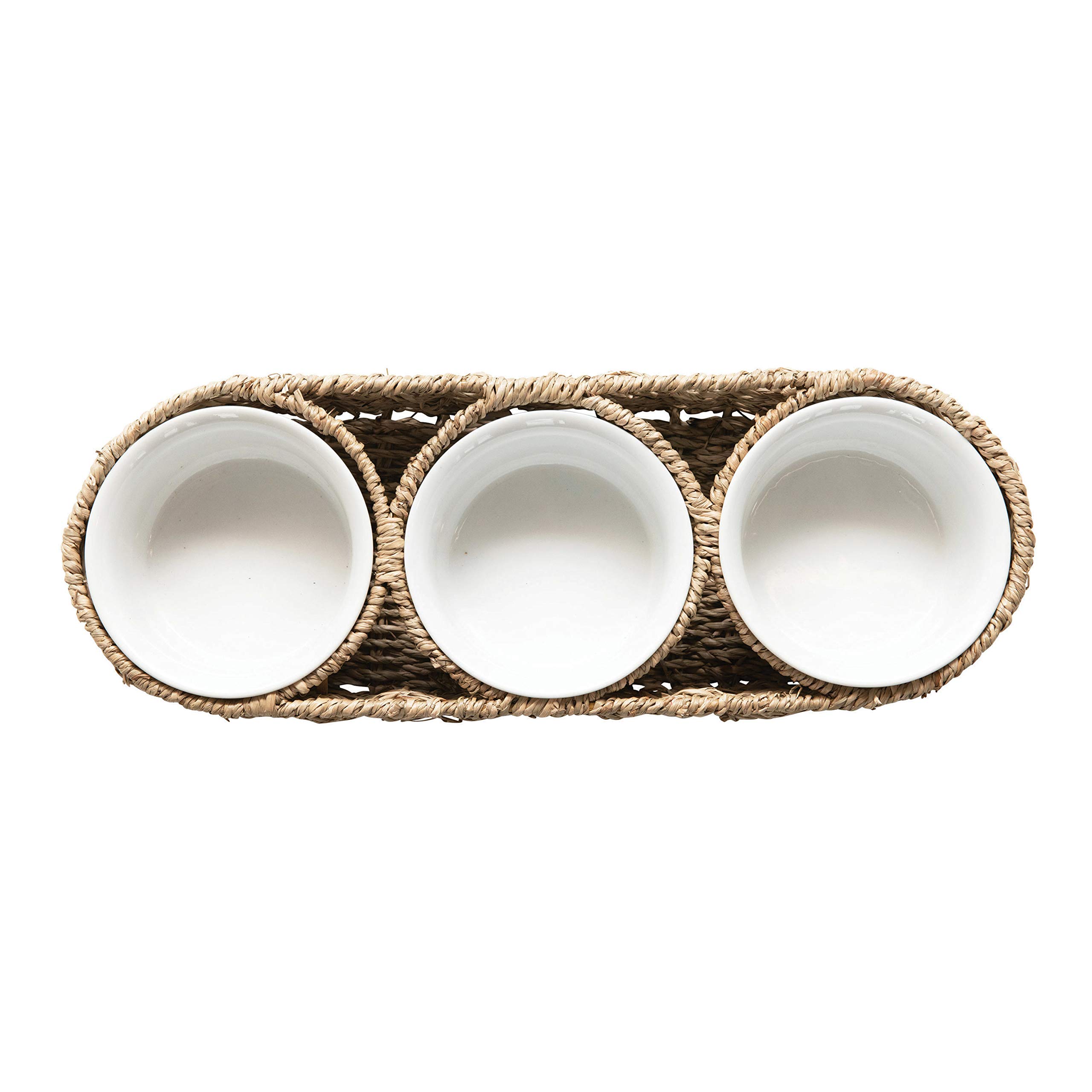 Creative Co-Op Hand-Woven Seagrass Basket with 6 oz. Ceramic Bowls, Set of 4 Tray, Natural, 4