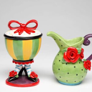 ATD 5.38 Inch Yellow and Green Sugar Bowl on Shoes and Green Creamer Set