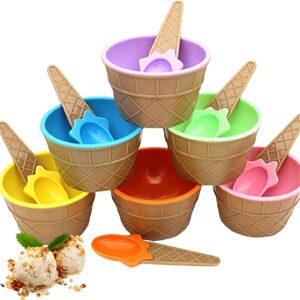 leutsin 6 pack ice cream bowls with spoons, reusable plastic ice cream cups, cartoon candy colorice cream bowls for kids, diy ice cream tools for ice cream birthday party (6 pack)