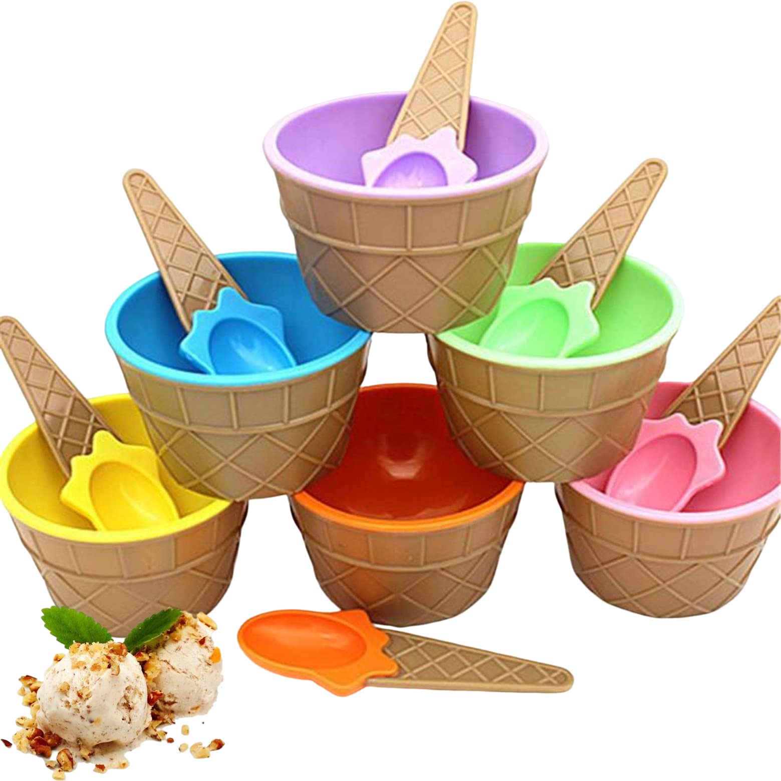 Leutsin 6 Pack Ice Cream Bowls with Spoons, Reusable Plastic Ice Cream Cups, Cartoon Candy Colorice Cream Bowls for Kids, DIY Ice Cream Tools for Ice Cream Birthday Party (6 pack)