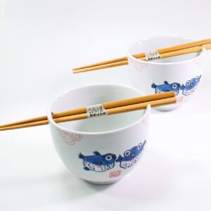 ラーメンボウル [Set of 2] Japanese Porcelain Ceramic Bowls w Chopsticks Ramen Soup Noodle Porridge Menudo Ramen Udon Pasta Cereal Ice cream Pho Rice Instant Noodle ~ We Pay Your Sales Tax (Puffer Fish)