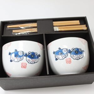 ラーメンボウル [Set of 2] Japanese Porcelain Ceramic Bowls w Chopsticks Ramen Soup Noodle Porridge Menudo Ramen Udon Pasta Cereal Ice cream Pho Rice Instant Noodle ~ We Pay Your Sales Tax (Puffer Fish)