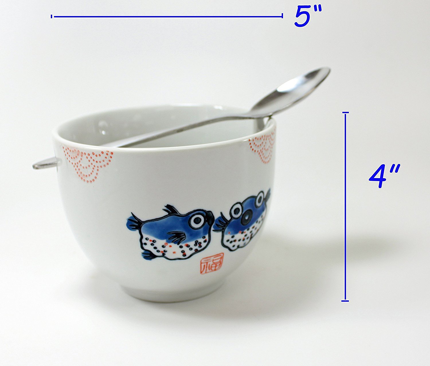 ラーメンボウル [Set of 2] Japanese Porcelain Ceramic Bowls w Chopsticks Ramen Soup Noodle Porridge Menudo Ramen Udon Pasta Cereal Ice cream Pho Rice Instant Noodle ~ We Pay Your Sales Tax (Puffer Fish)