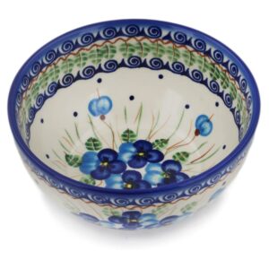 polish pottery bowl 6-inch blue pansy