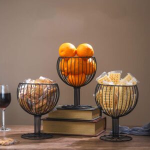 MAYITBE Wine Glass Decor Fruit Basket Round Tiered Wire Basket Snacks Candy Storage Fruit Container Basket Vegetable Rack Wine Glass Cork Holder Restaurant Decor(Black A)