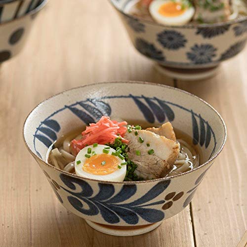 Mino Ware Japanese Ramen Bowl, Rice Noodle Soup Sarada Pasta, PAIKAJI Warp Donburi, 7.1 inch, Flower