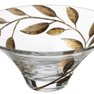 Decorative Glass Bowl Fruit Display - Etched, Hand Painted Leaves Decor - Mouth Blown Clear Glass - Large Salad Serving Bowl - Gift Boxed - D: 10.2 in (26 cm) (Gold)