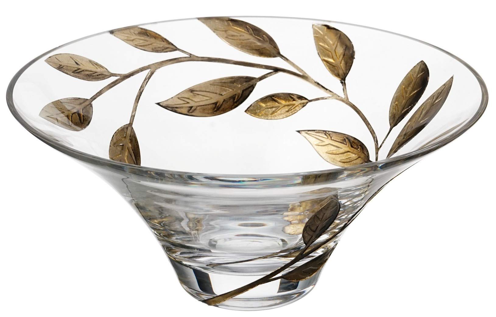 Decorative Glass Bowl Fruit Display - Etched, Hand Painted Leaves Decor - Mouth Blown Clear Glass - Large Salad Serving Bowl - Gift Boxed - D: 10.2 in (26 cm) (Gold)