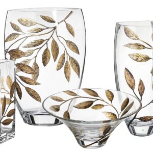 Decorative Glass Bowl Fruit Display - Etched, Hand Painted Leaves Decor - Mouth Blown Clear Glass - Large Salad Serving Bowl - Gift Boxed - D: 10.2 in (26 cm) (Gold)